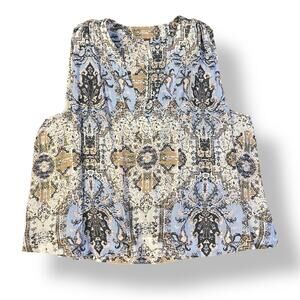 Free People Darcey Paisley V-Neck Swing‎ Blouse Womens Size S Blue Brown
